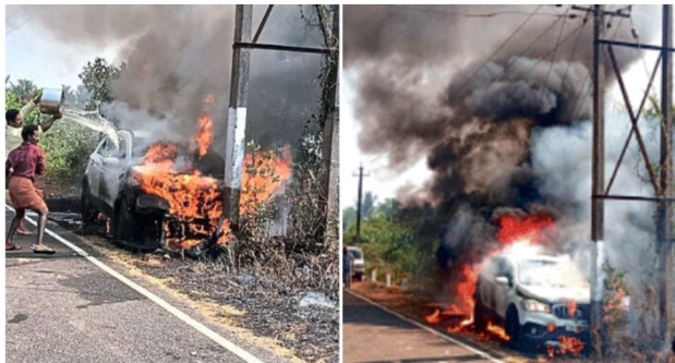 ಪಡುಮಲೆ: ಜಾತ್ರಾಗದ್ದೆ ಬಳಿ ಅವಘಡ: ಹೊತ್ತಿ ಉರಿದ ಕಾರು!