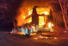 ಶಿವಮೊಗ್ಗ: ಹೊಸನಗರ-ಬೆಂಗಳೂರು ಖಾಸಗಿ ಸ್ಲೀಪರ್ ಬಸ್ನಲ್ಲಿ ಬೆಂಕಿ